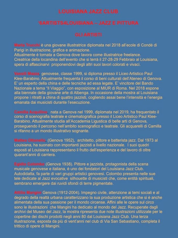 I sei artisti che esporranno a '6Artists4Louisiana'.
